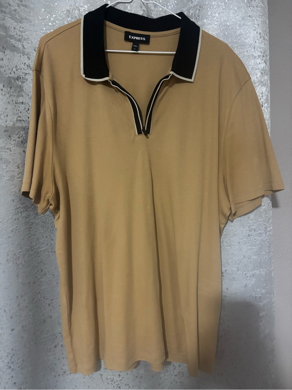 Express Men's Tan Polo with Black Contrast Collar and Trim